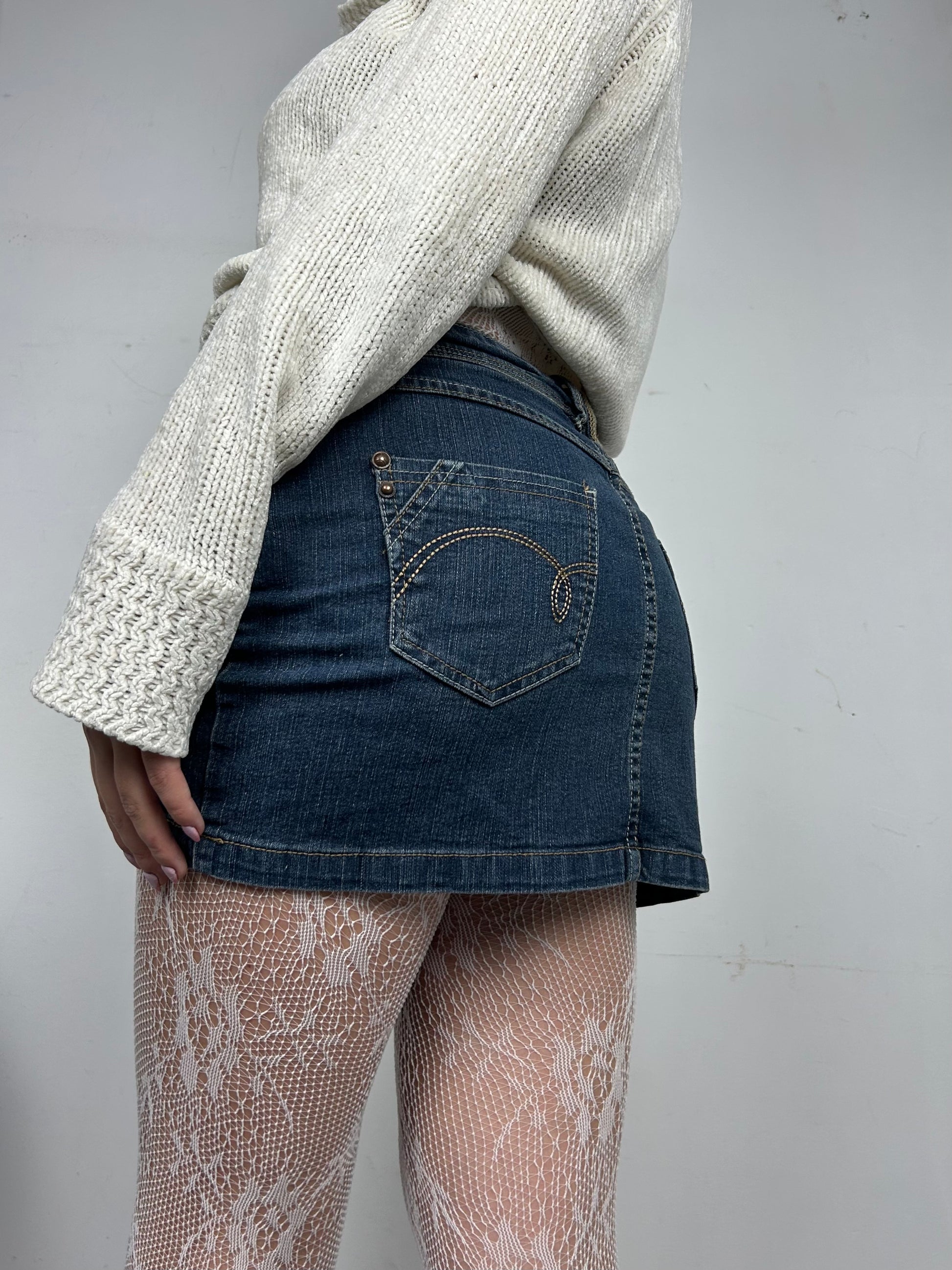 Navy blue denim low rise mini skirt (S)