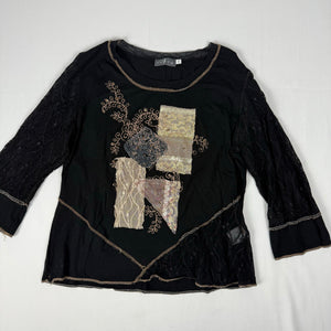 Black patchwork bi fabric mesh long sleeves top (XL)