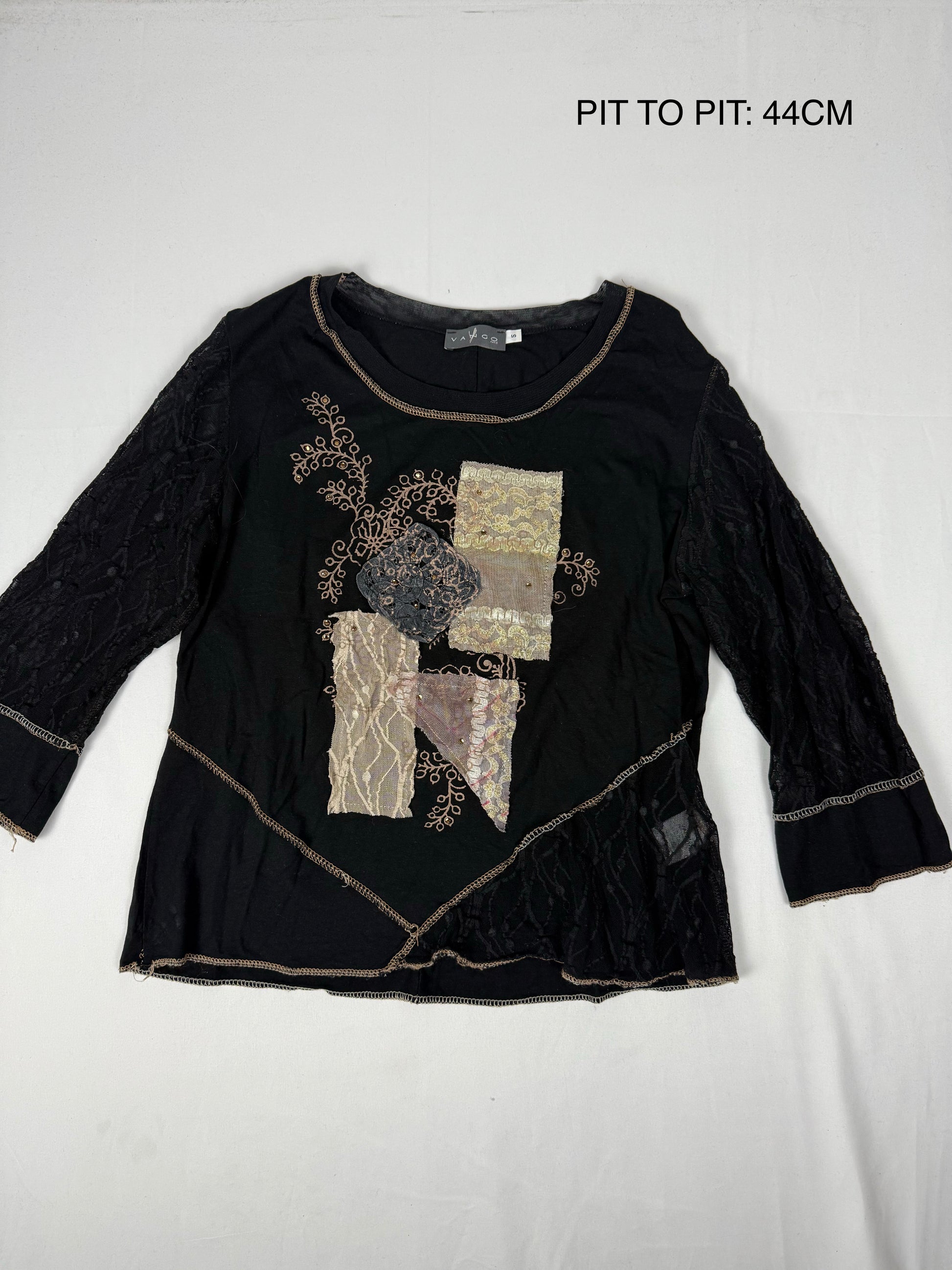 Black patchwork bi fabric mesh long sleeves top (XL)