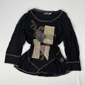 Black patchwork bi fabric mesh long sleeves top (XL)