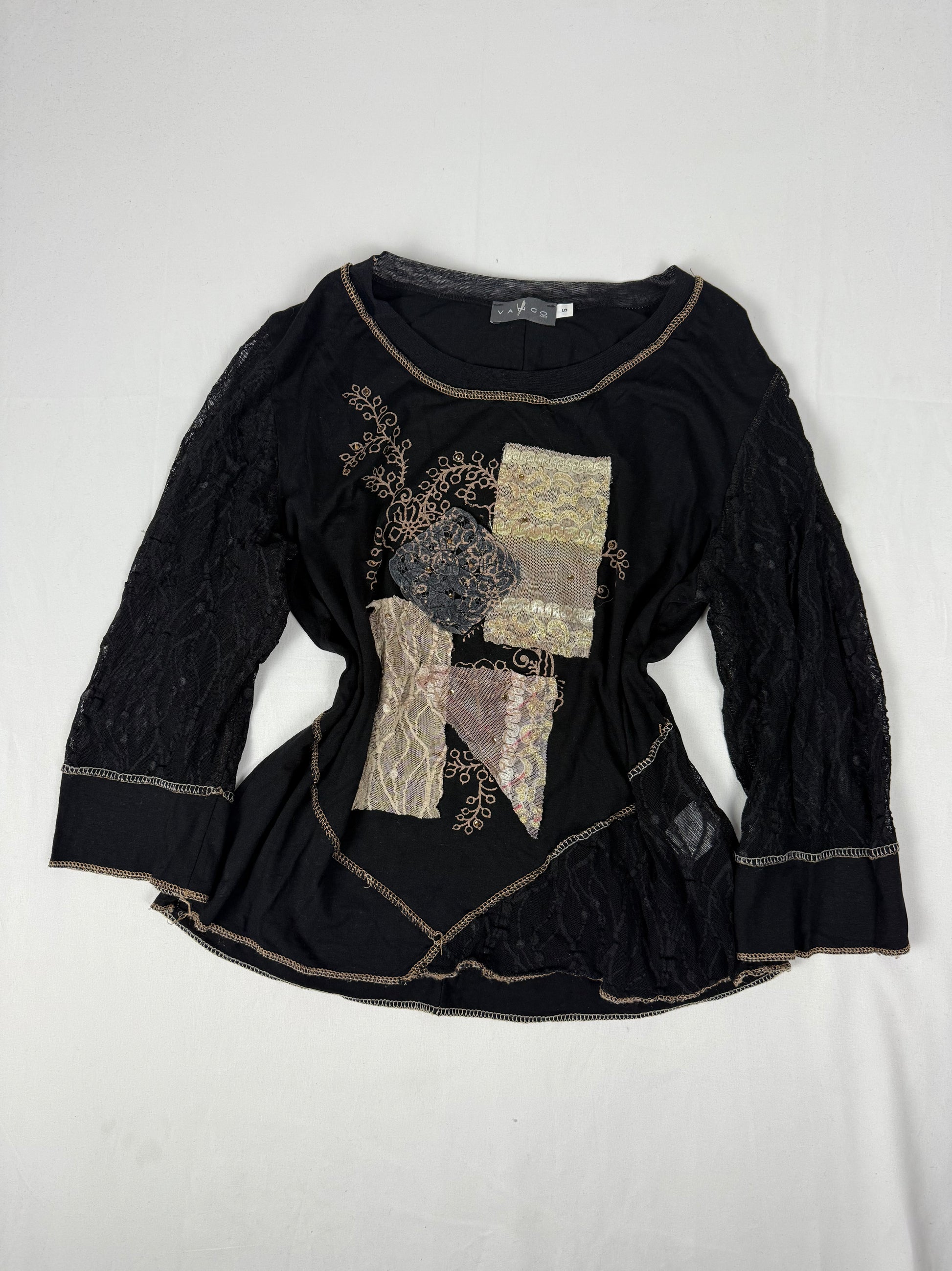 Black patchwork bi fabric mesh long sleeves top (XL)