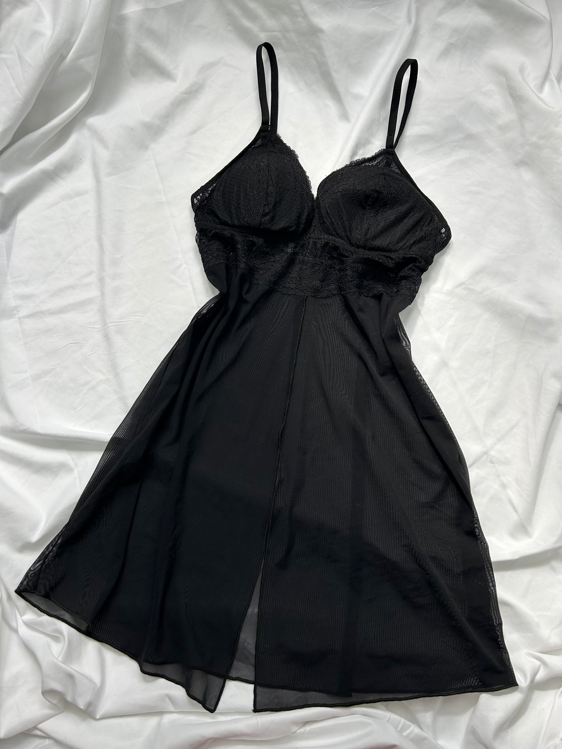 Black mesh open front babydoll mini dress (S/M)