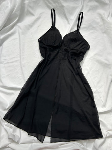 Black mesh open front babydoll mini dress (S/M)