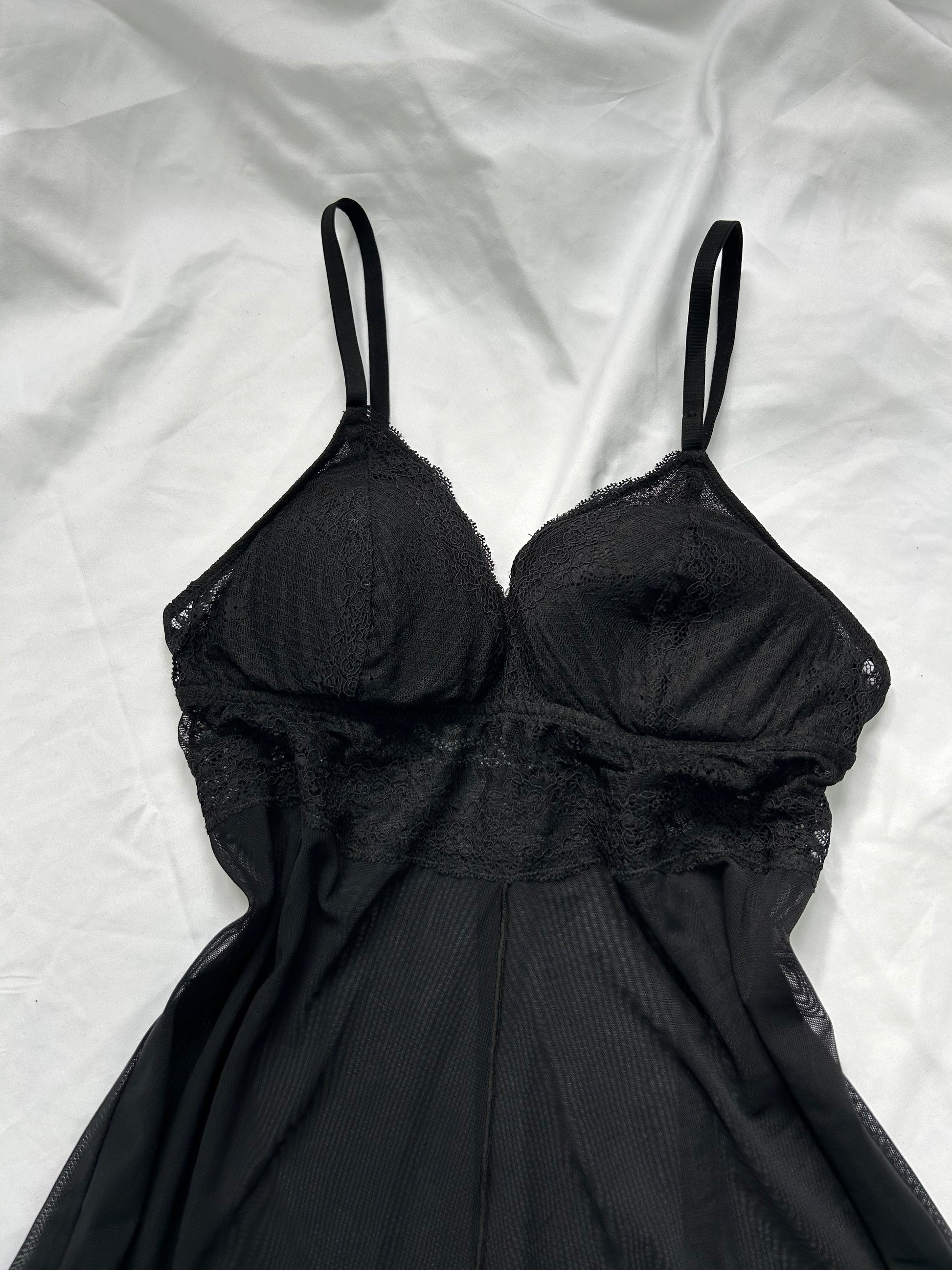 Black mesh open front babydoll mini dress (S/M)