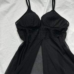 Black mesh open front babydoll mini dress (S/M)