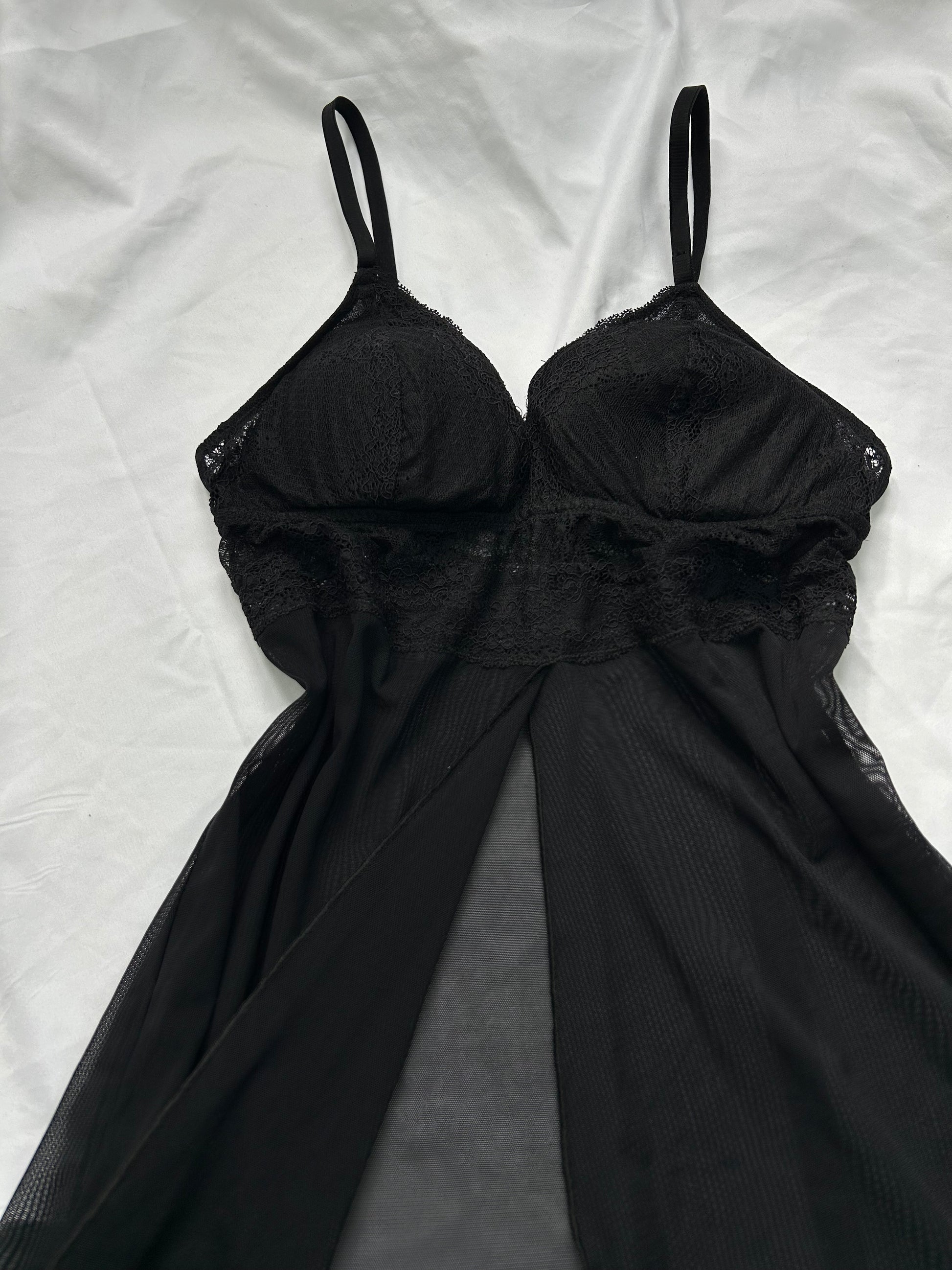 Black mesh open front babydoll mini dress (S/M)