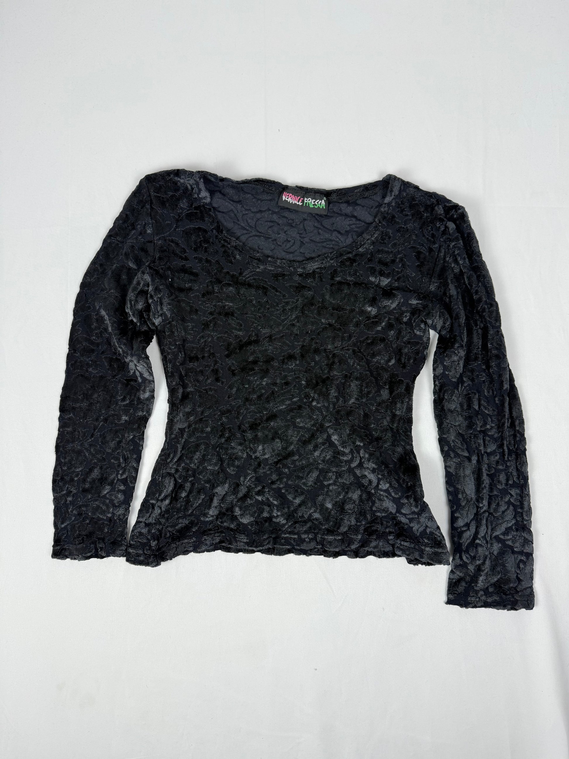 Black floral velvet long sleeves top (S)