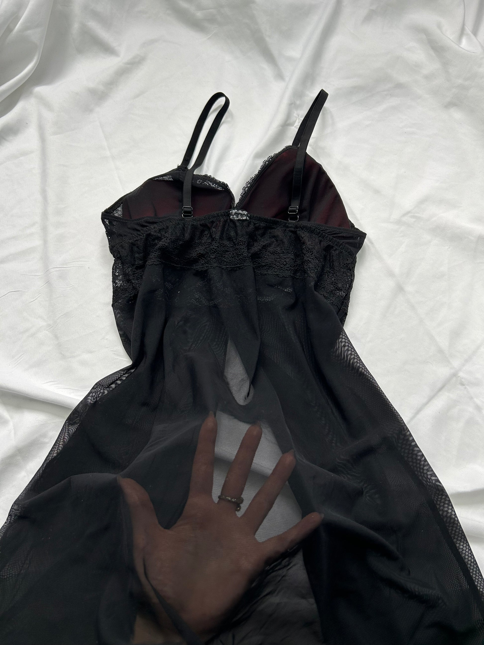 Black mesh open front babydoll mini dress (S/M)