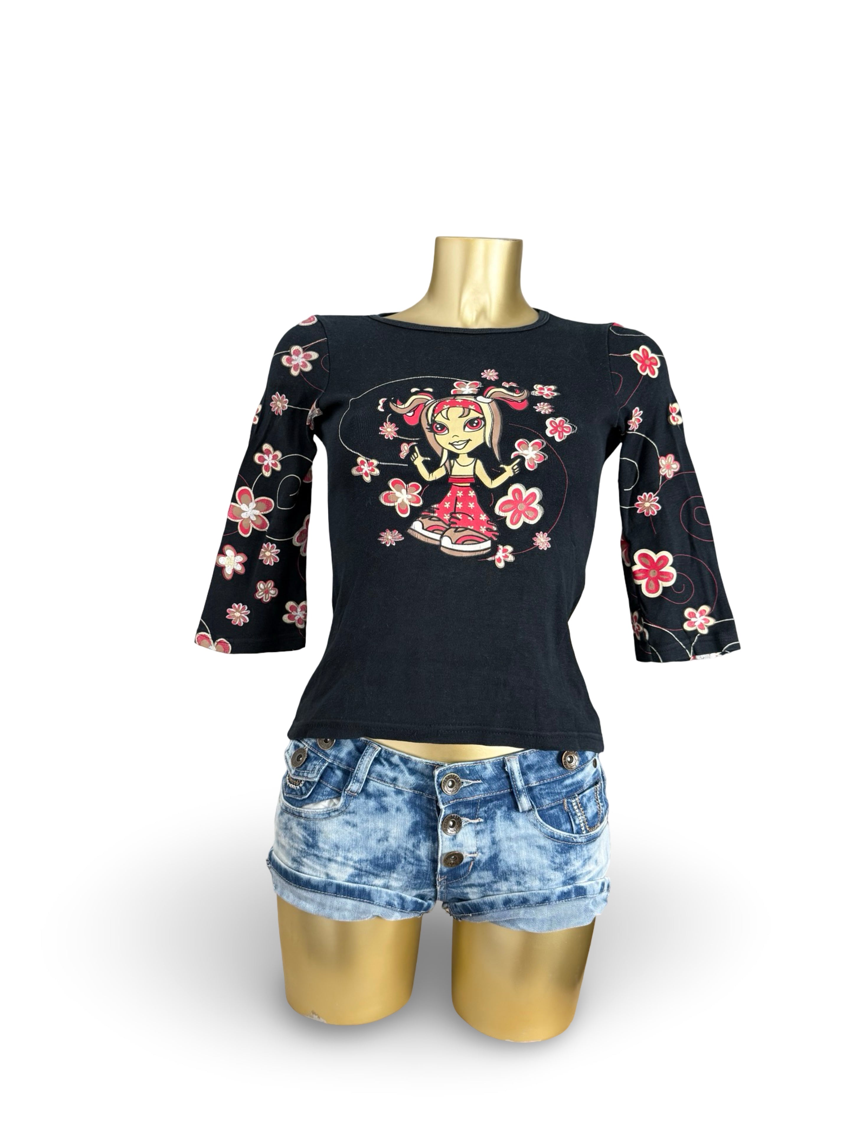 Black cotton 3/4 long sleeves top (S)