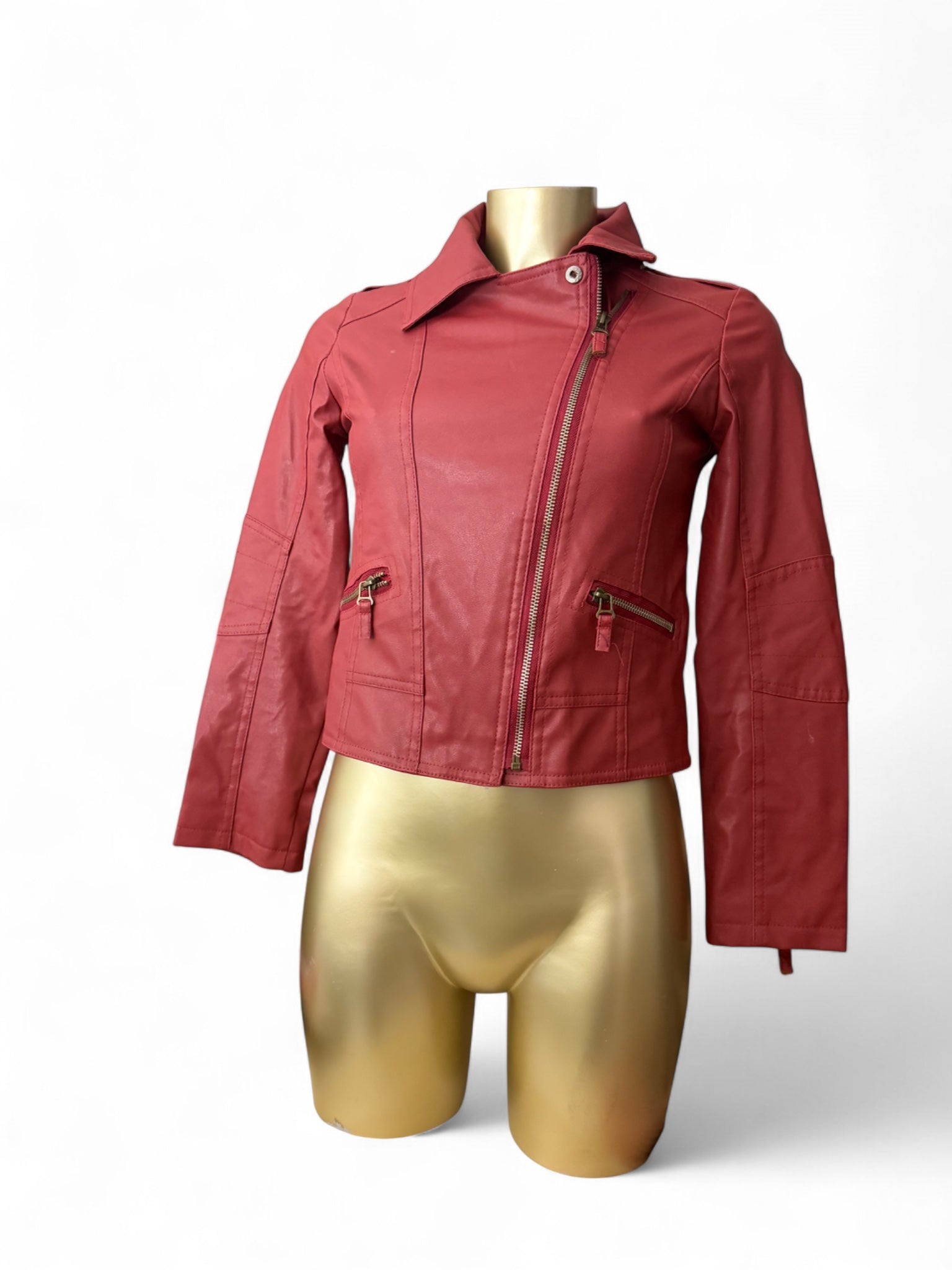 Red pvc leather zip up tight fit jacket (S)
