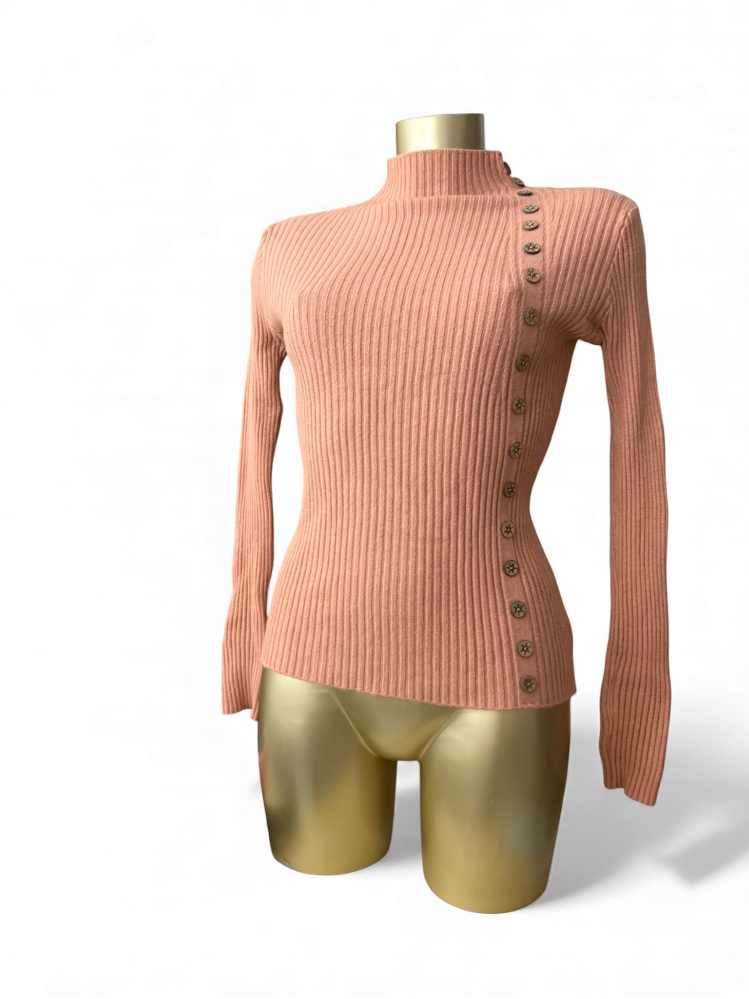 Orange ribbed buttons up high neck jumper (S/M)