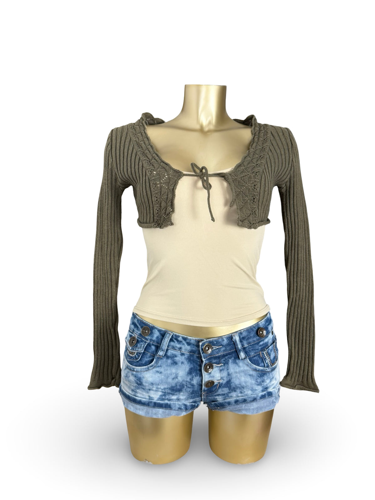 Khaki crochet long sleeves bolero top (M)