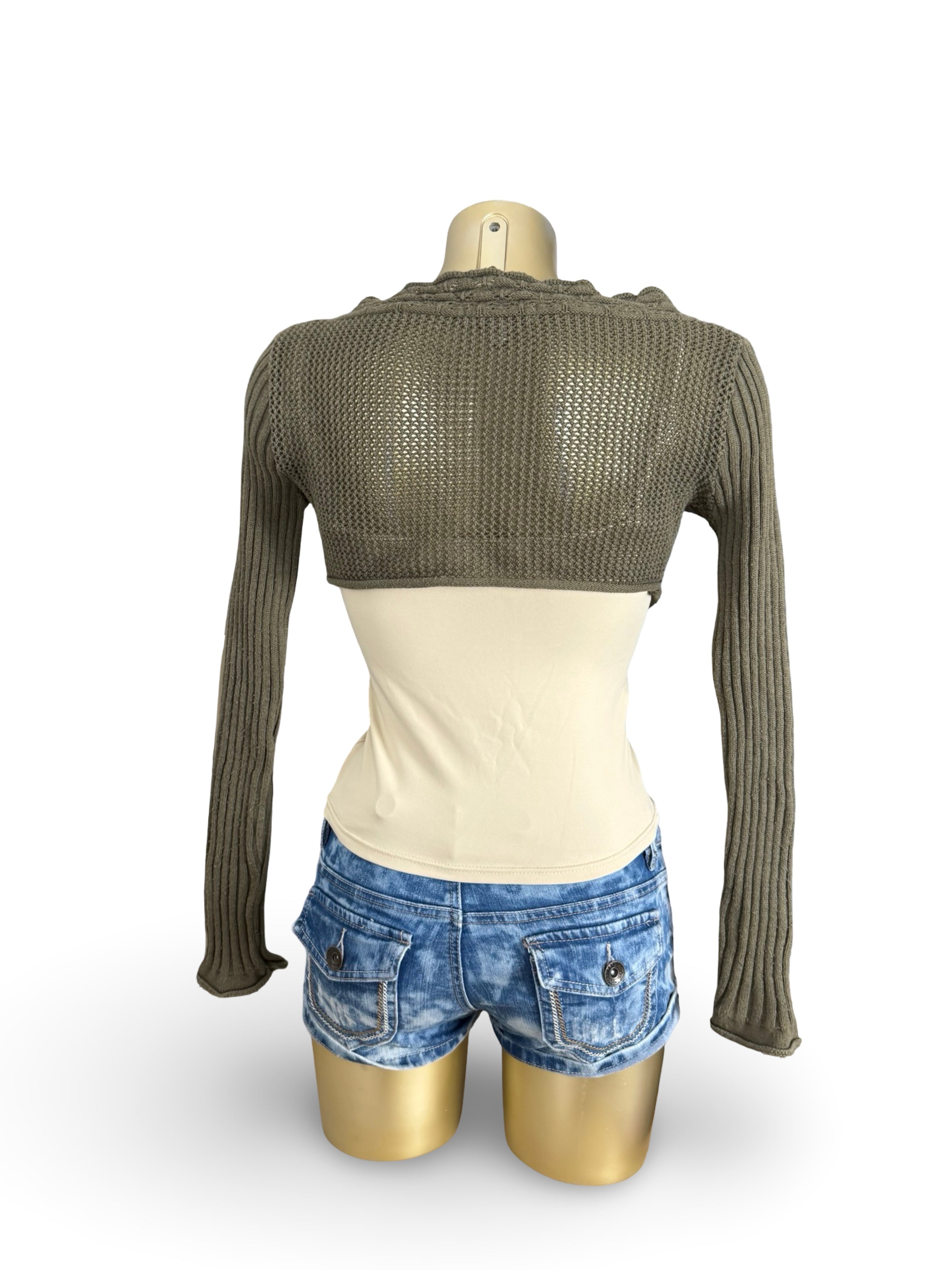 Khaki crochet long sleeves bolero top (M)
