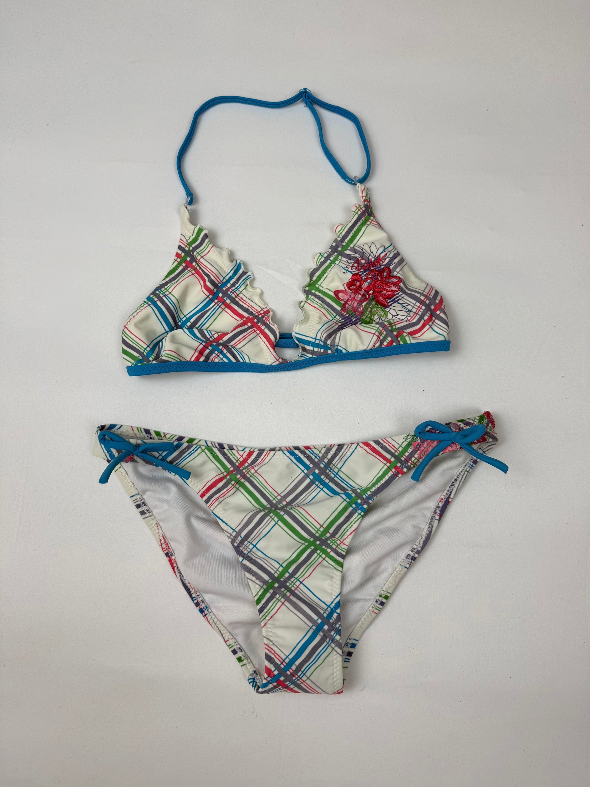 Blue check print low rise bikini set (S)