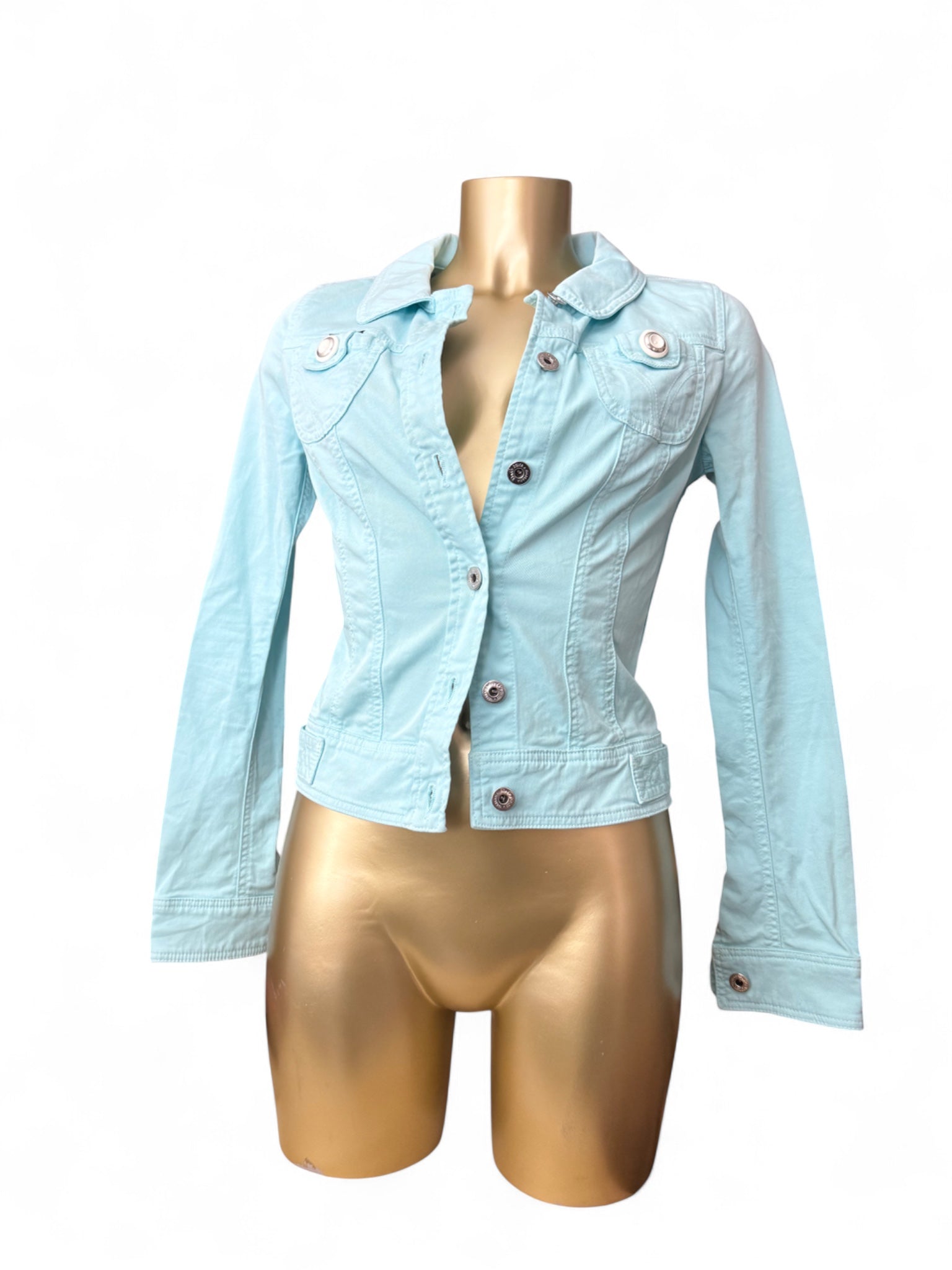 Blue denim zip up tight fit biker jacket (XS)