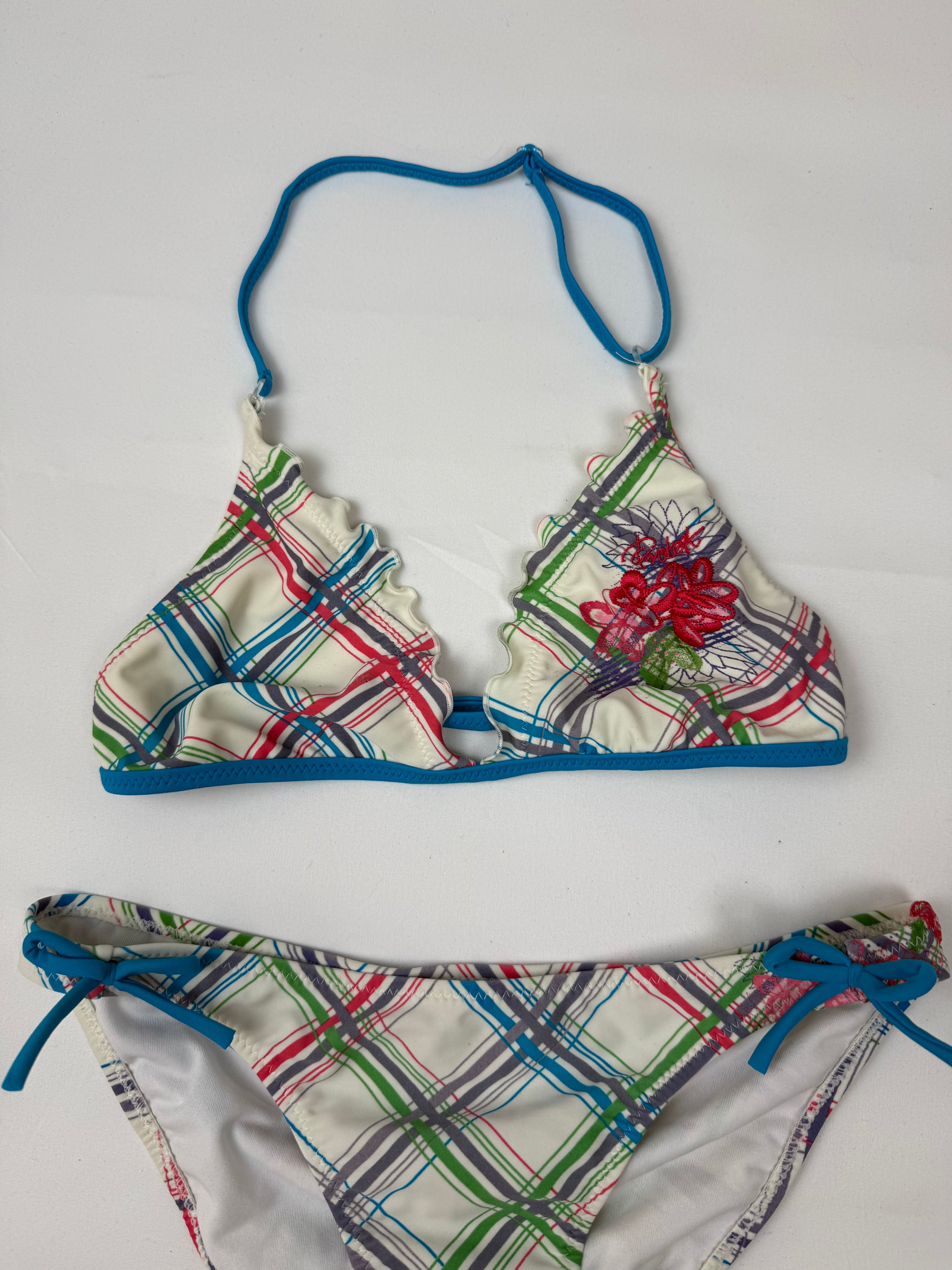Blue check print low rise bikini set (S)