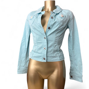 Blue denim zip up tight fit biker jacket (XS)