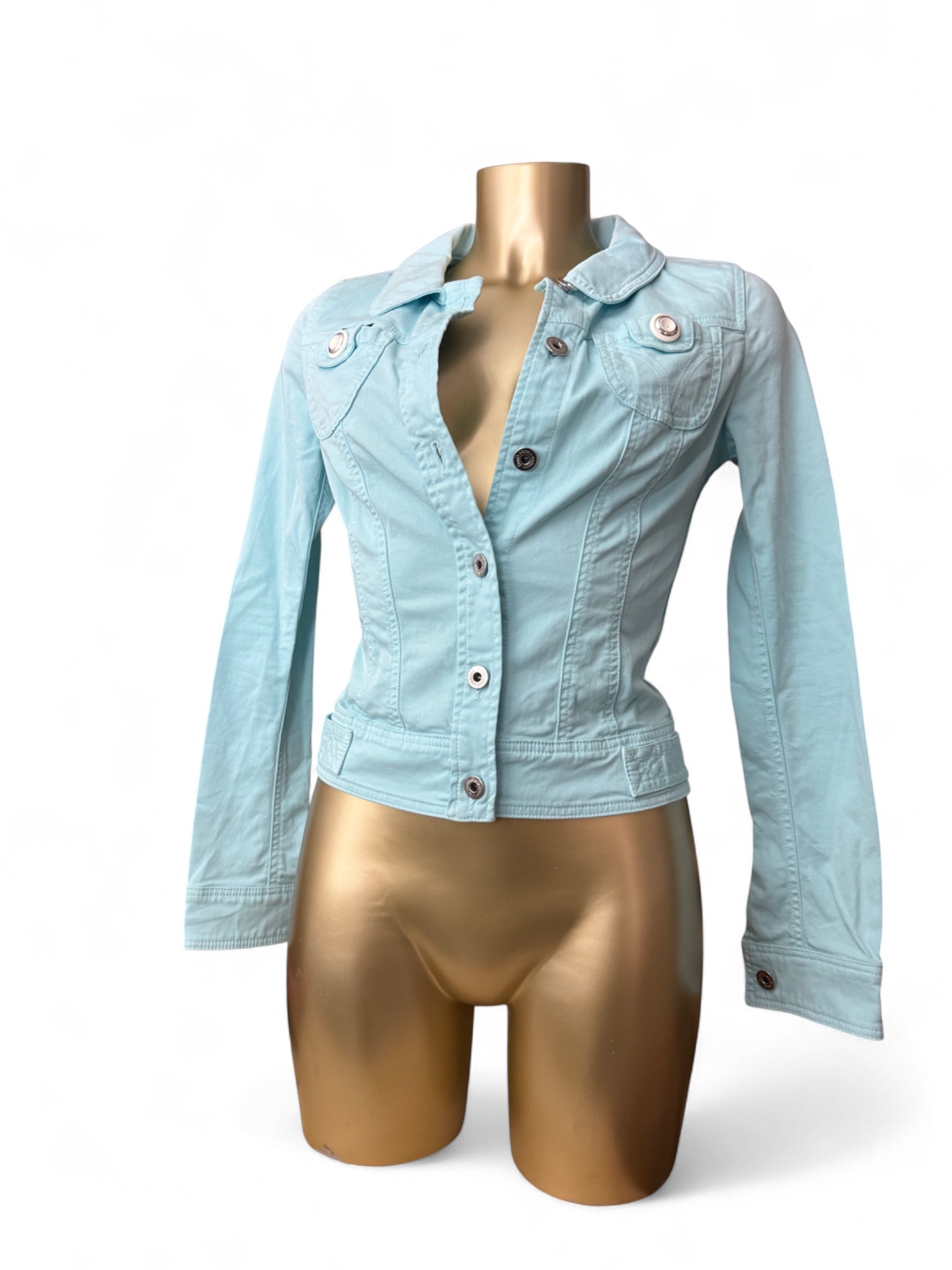 Blue denim zip up tight fit biker jacket (XS)