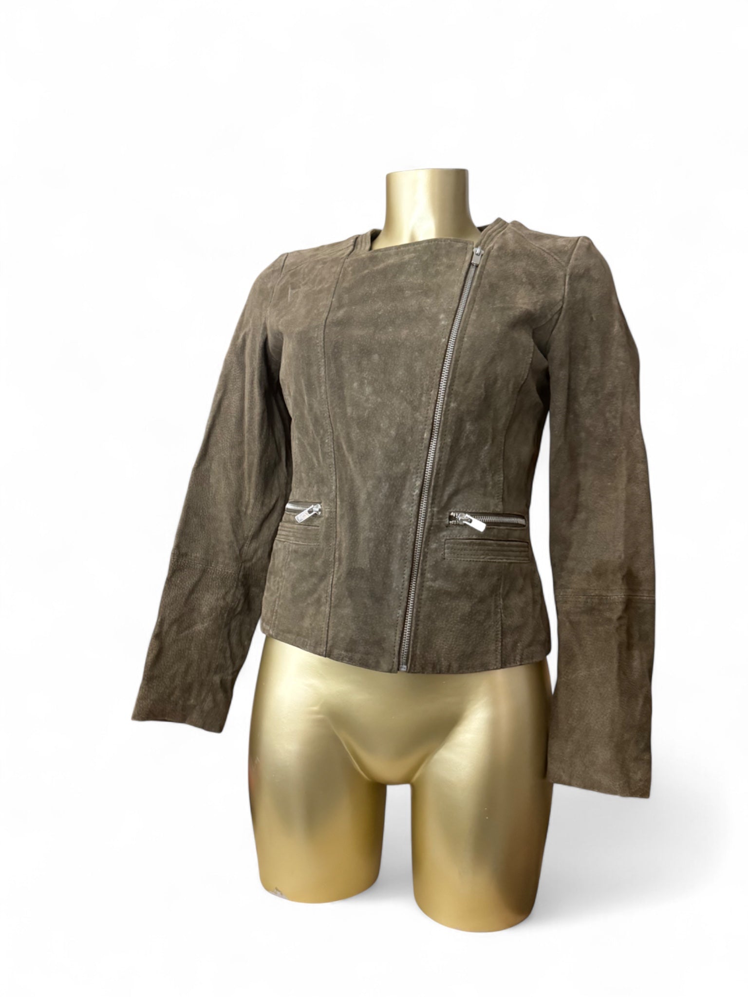 Khaki suede zip up biker jacket (S)