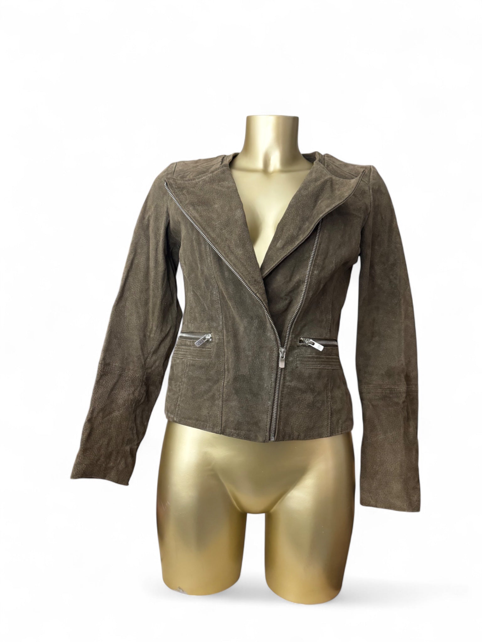Khaki suede zip up biker jacket (S)