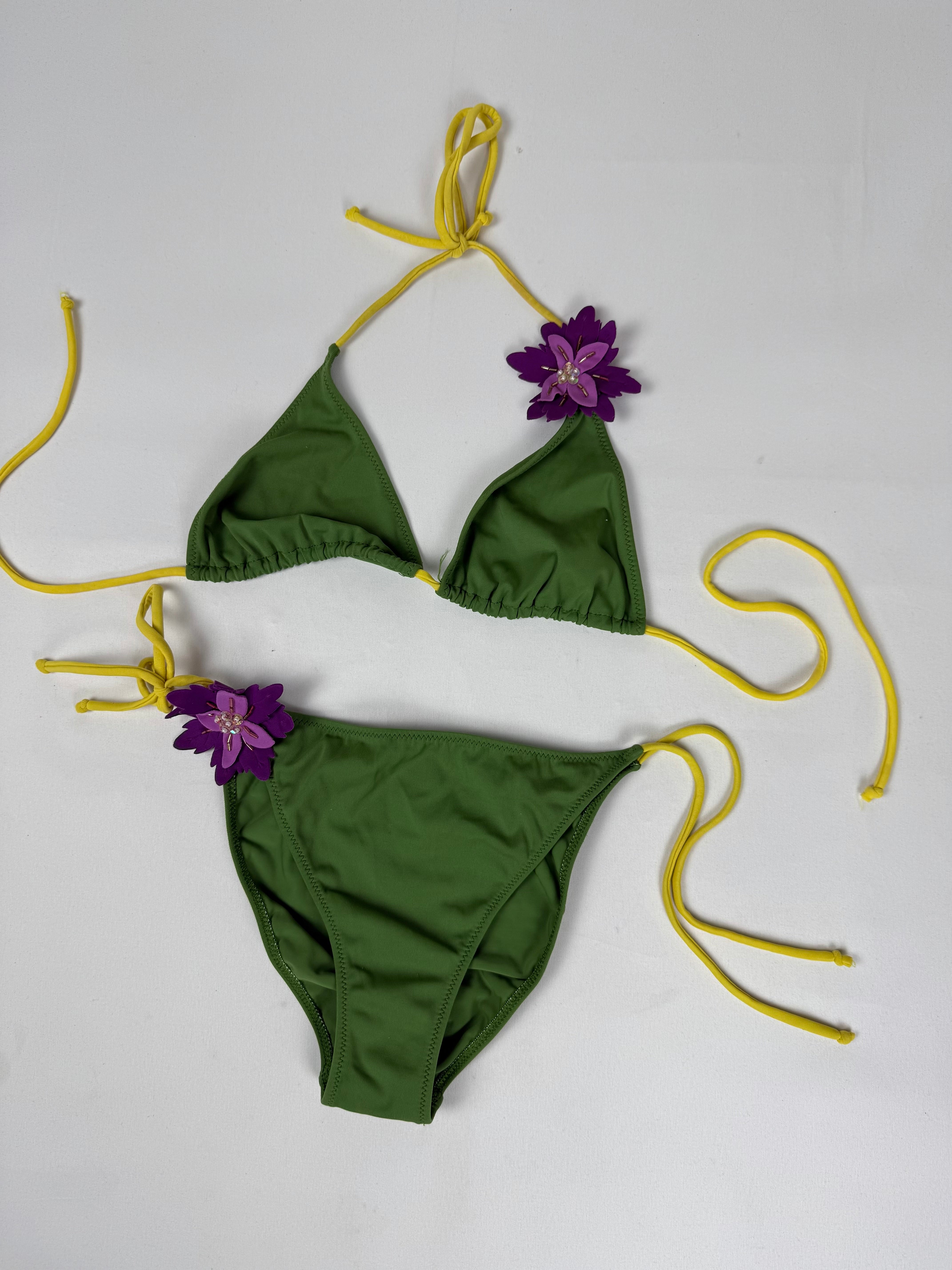 Green flower appliquée low rise bikini set (M/L)