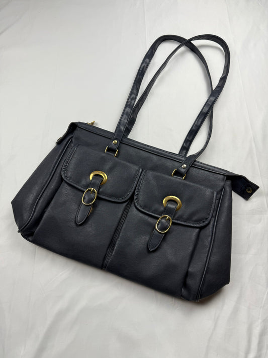 Navy leather besace shoulder bag (36x26cm)