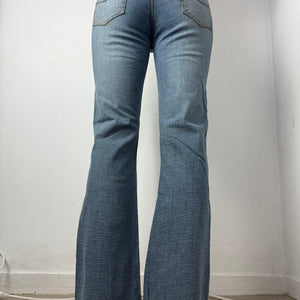 Blue denim low rise flare pants (S)