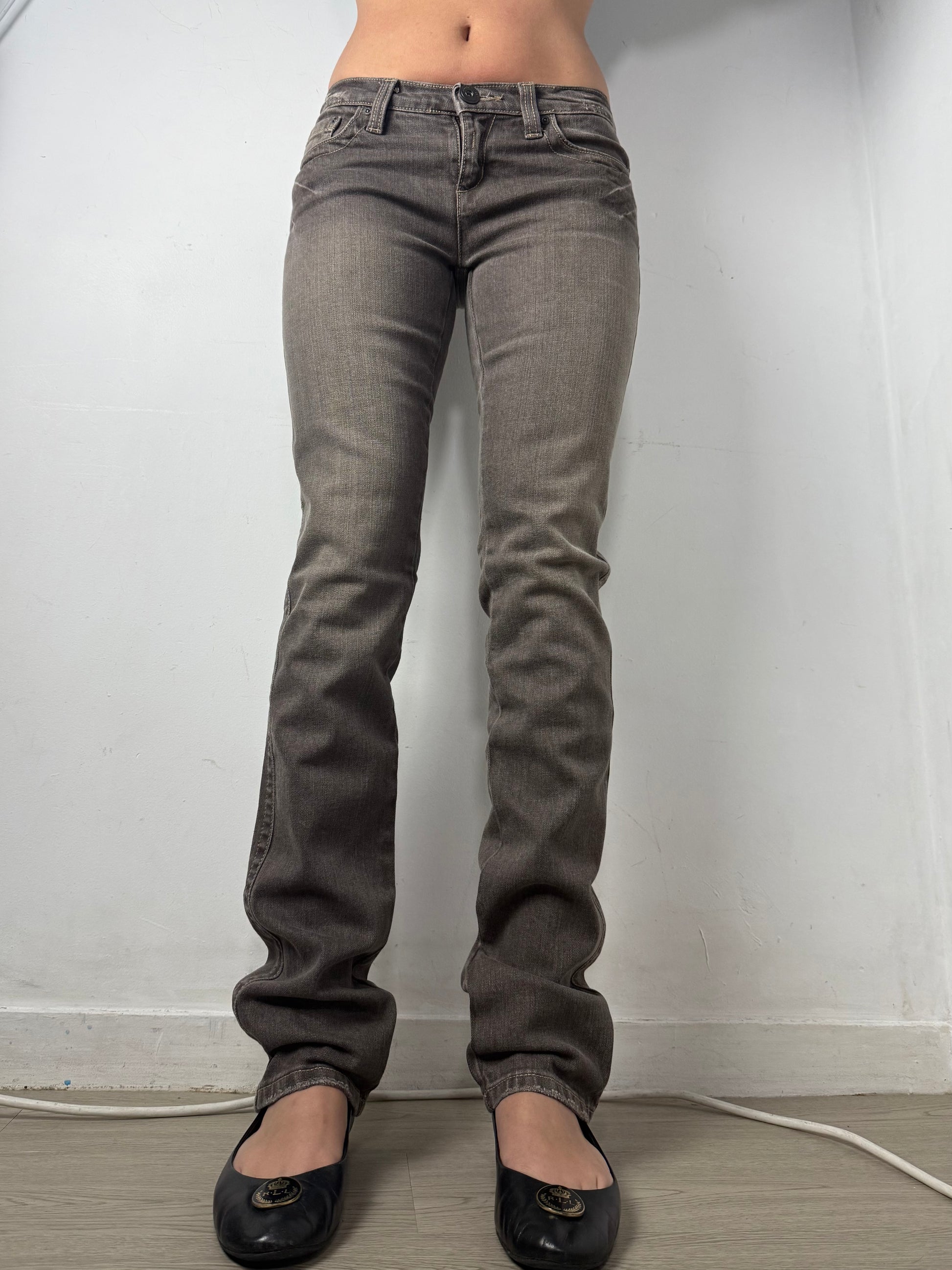Khaki denim low rise straight legs pants (S)