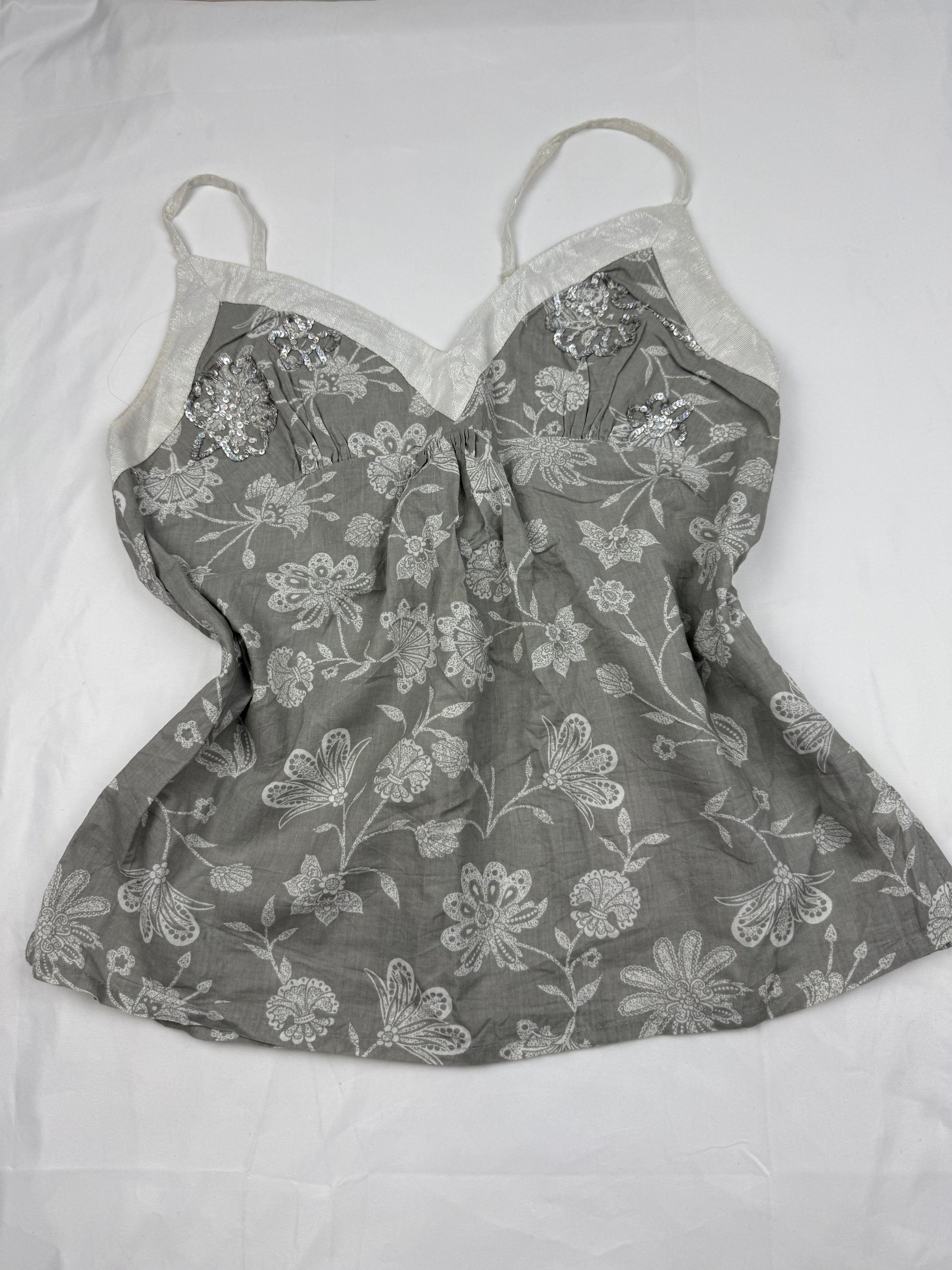 Grey floral cotton cami top (M)