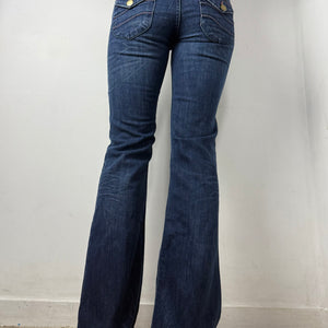 Blue denim low rise flare pants (XS)