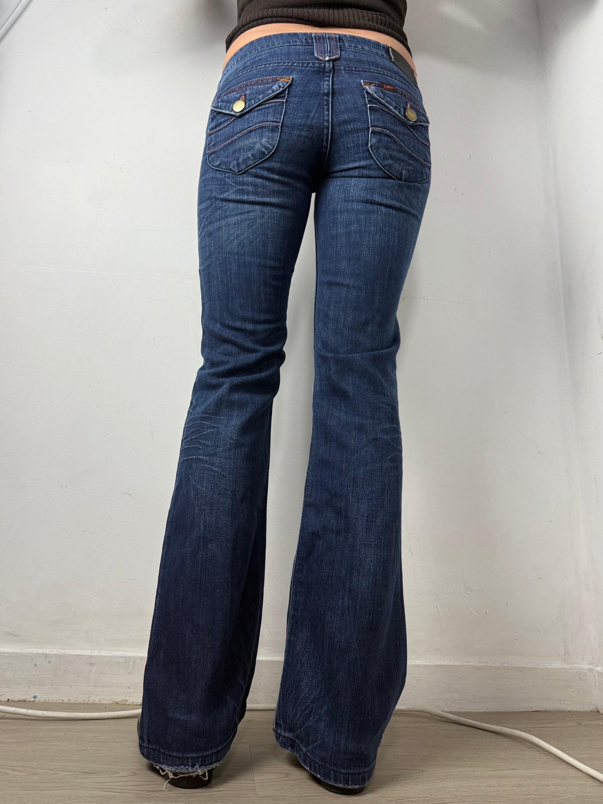 Blue denim low rise flare pants (XS)