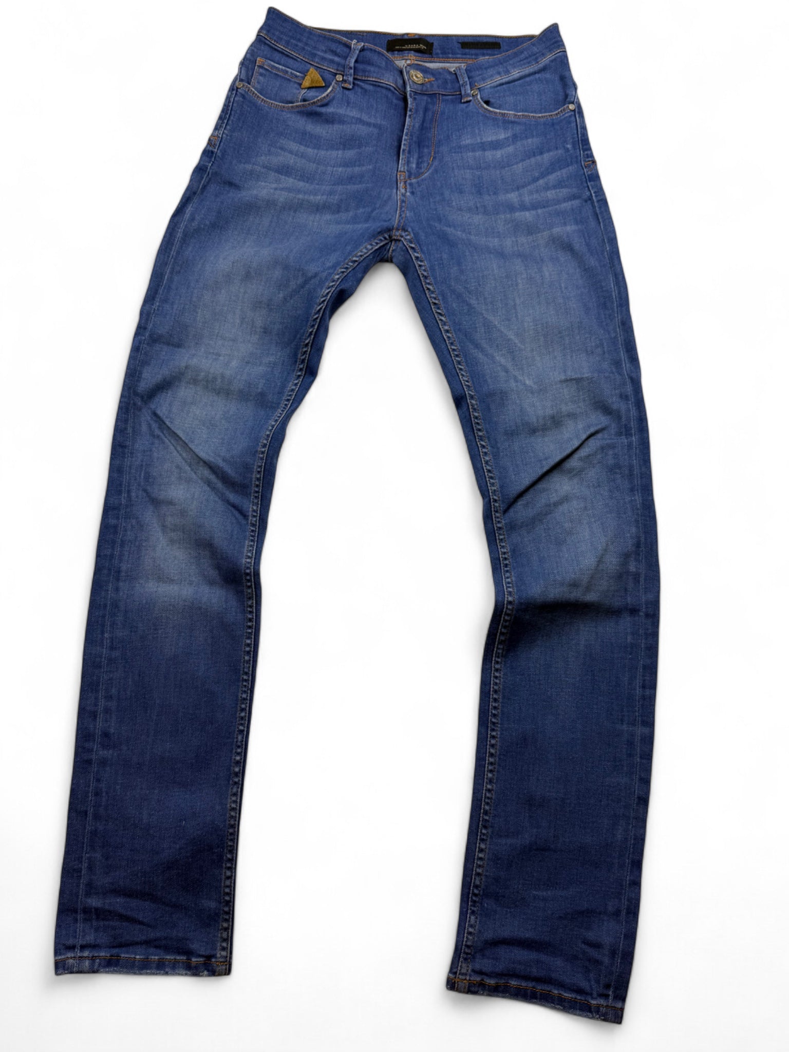 Blue denim low rise straight legs pants (S)