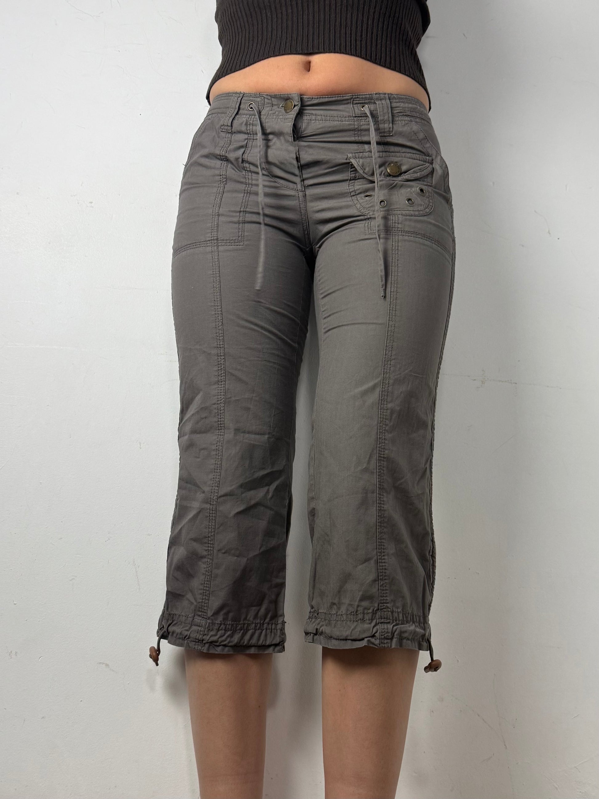 Khaki 100% coton low rise lace up corset capri pants (S)