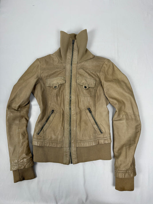 Beige real leather biker jacket (S)