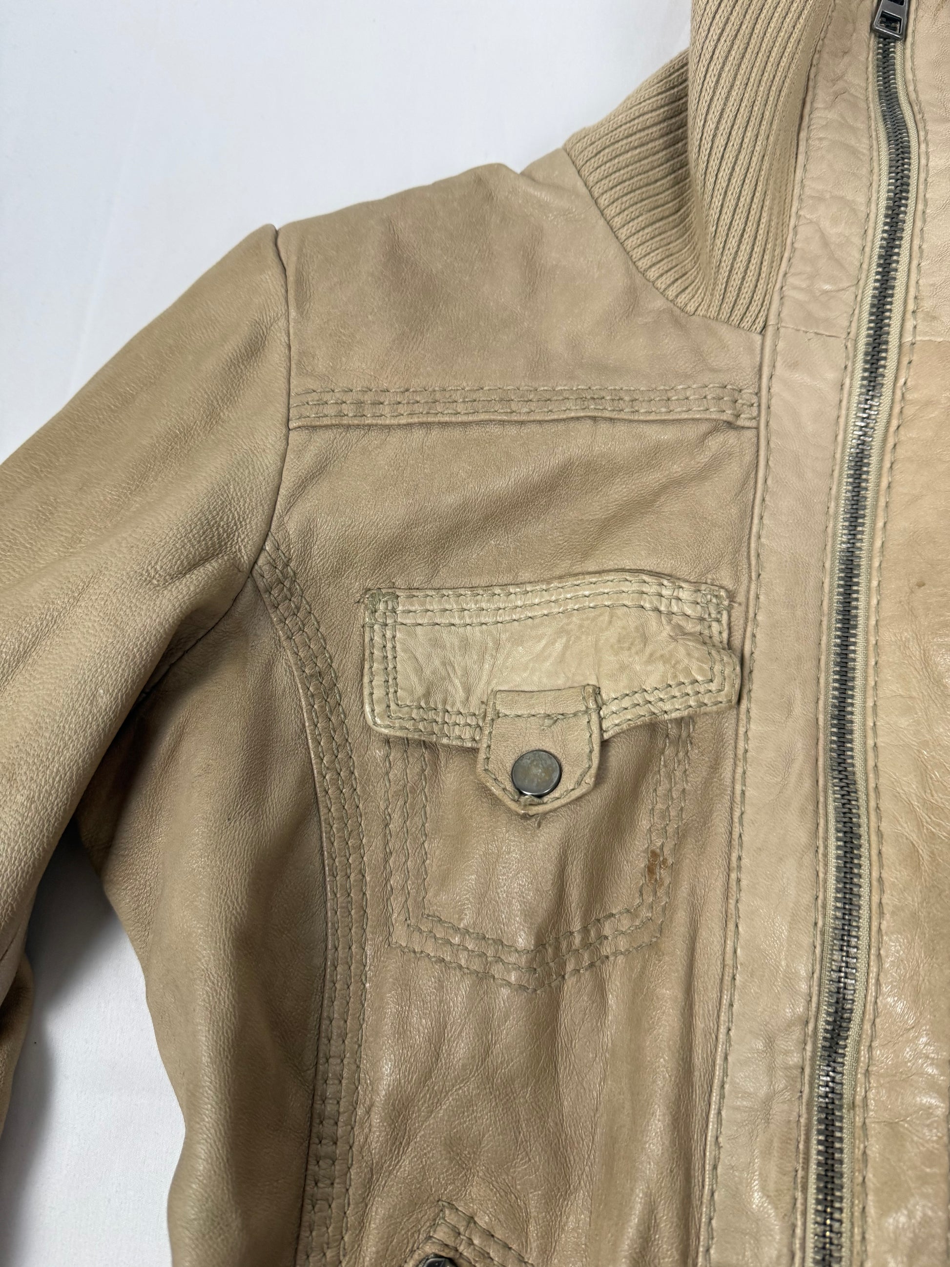 Beige real leather biker jacket (S)