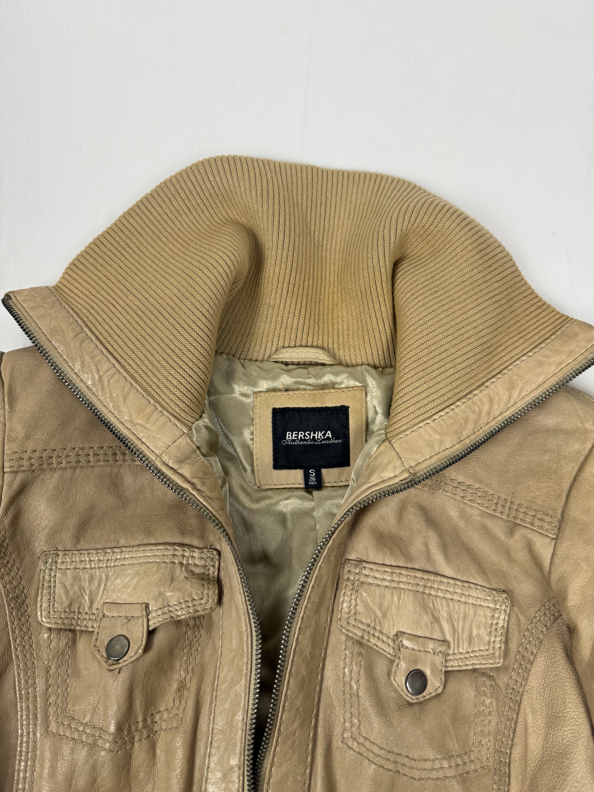 Beige real leather biker jacket (S)