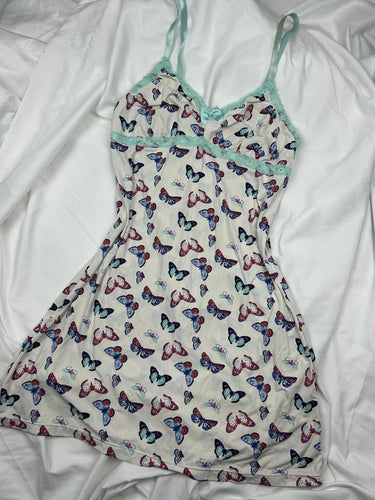 White butterfly print babydoll mini dress (M)