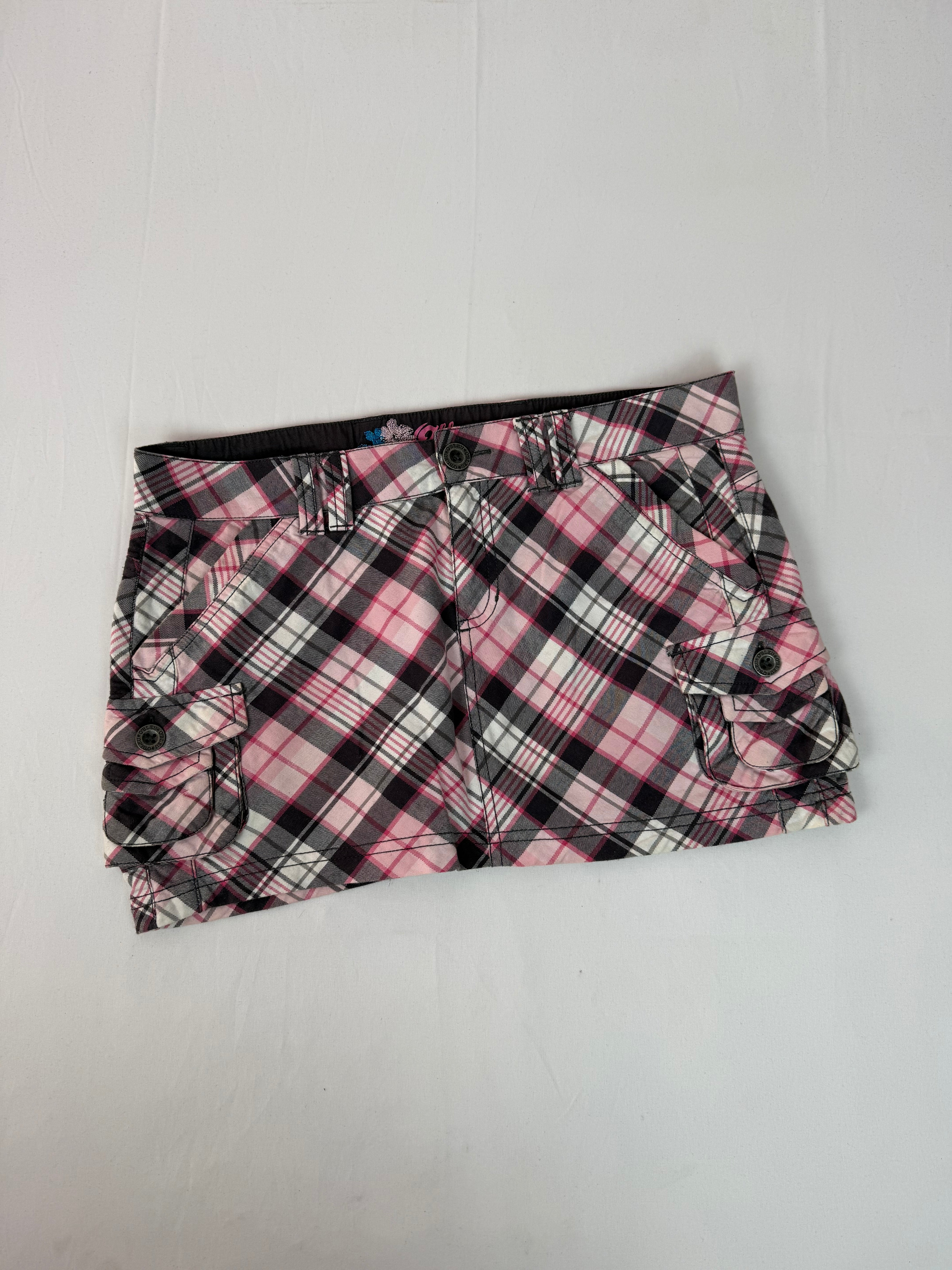 Baby pink check print denim low rise cargo mini skirt (S/M)