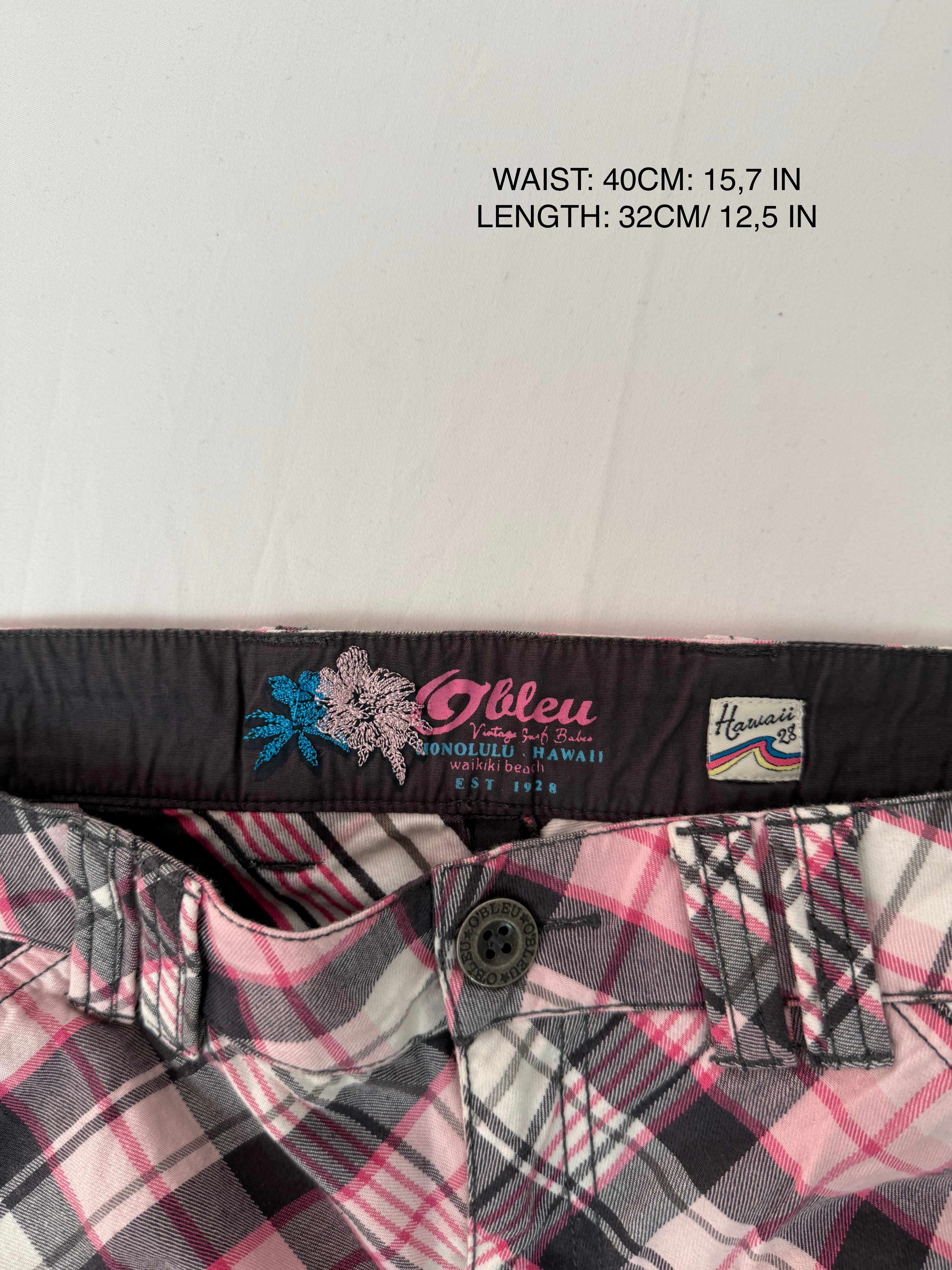 Baby pink check print denim low rise cargo mini skirt (S/M)