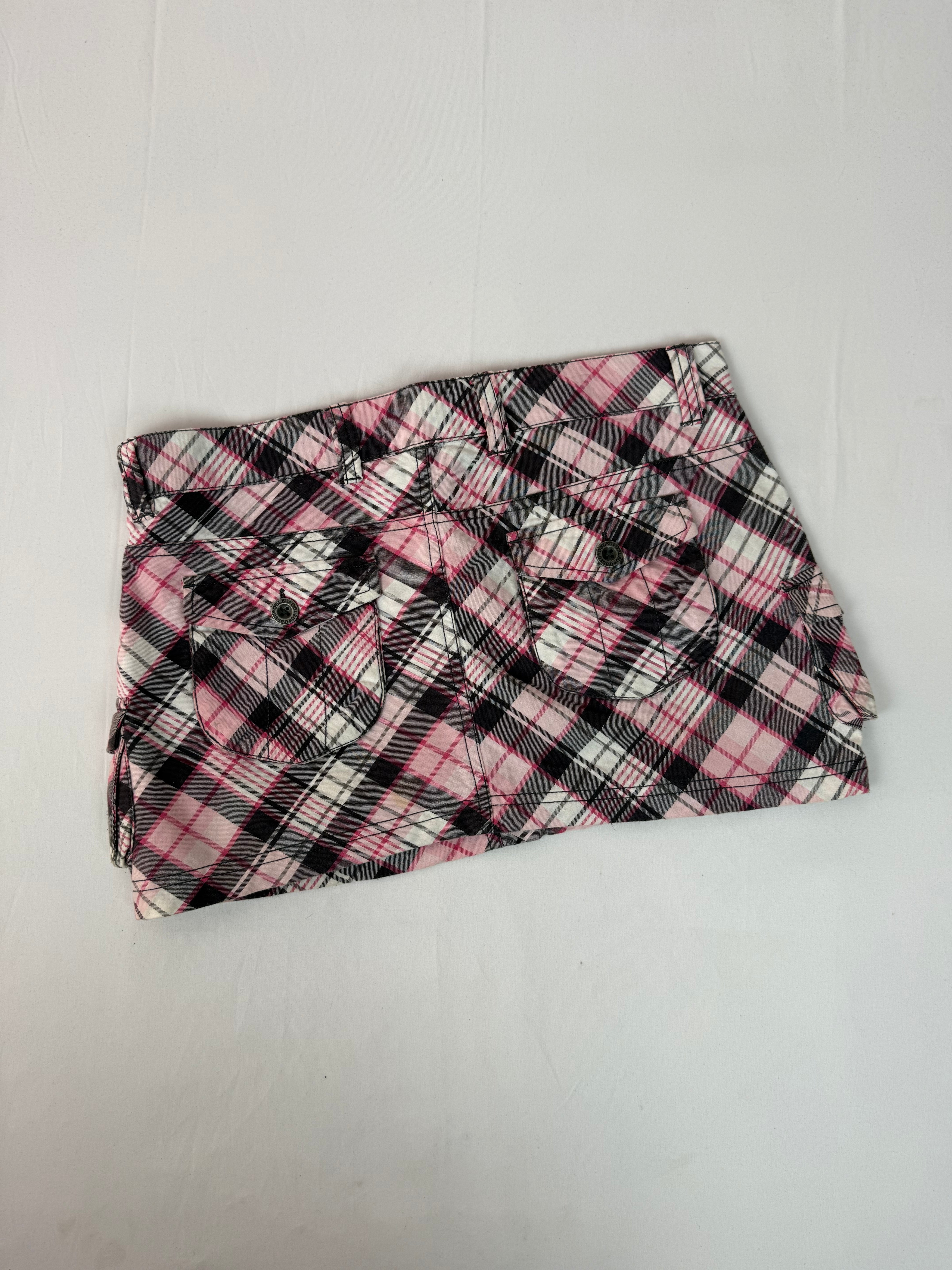 Baby pink check print denim low rise cargo mini skirt (S/M)