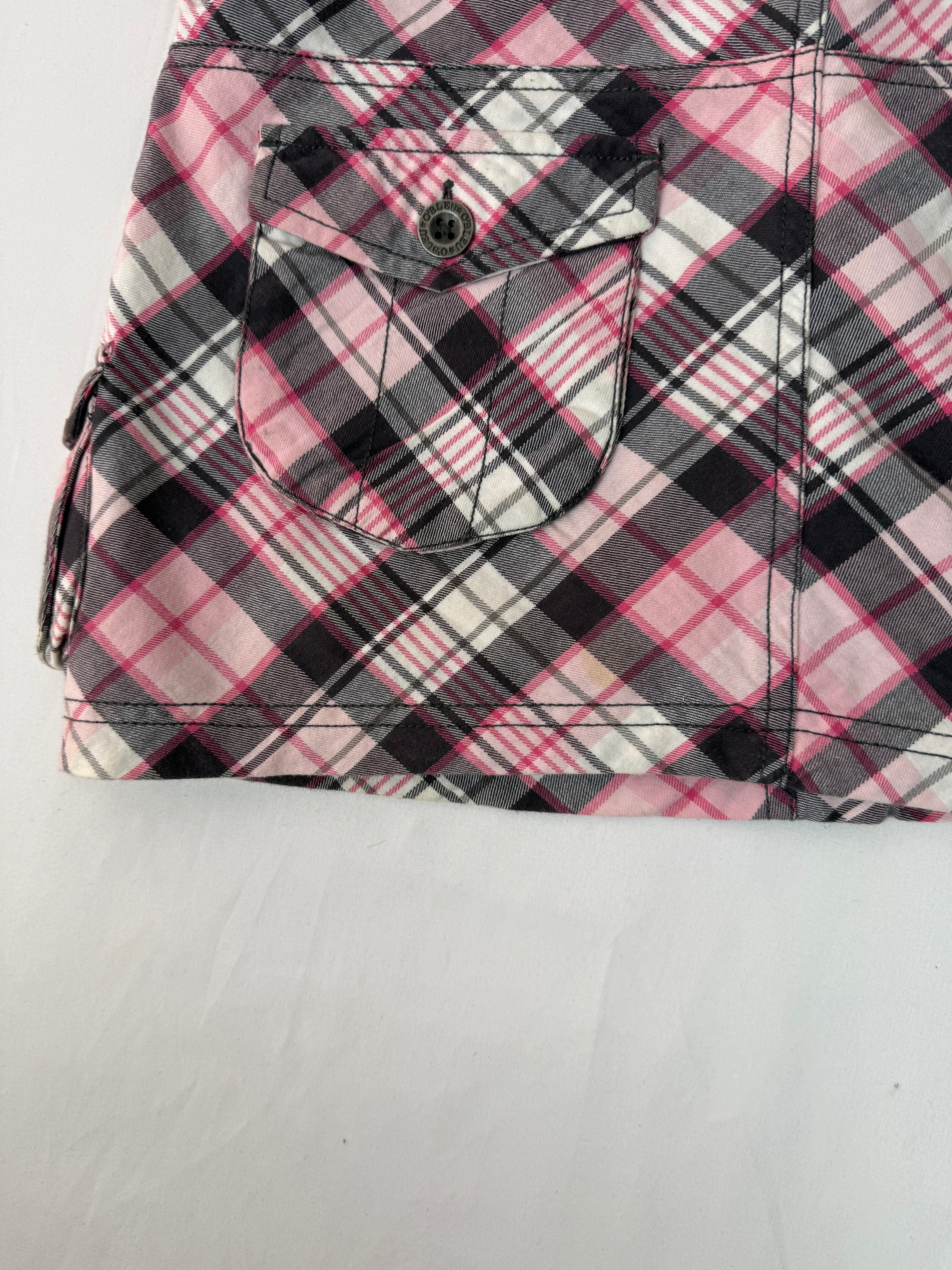Baby pink check print denim low rise cargo mini skirt (S/M)