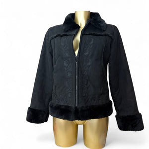 Black zip up embroidered suede inside faux fur jacket (XL)