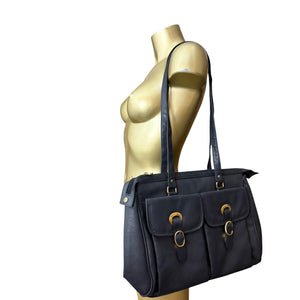 Navy leather besace shoulder bag (36x26cm)
