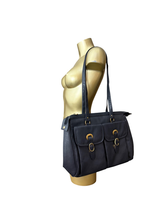 Navy leather besace shoulder bag (36x26cm)
