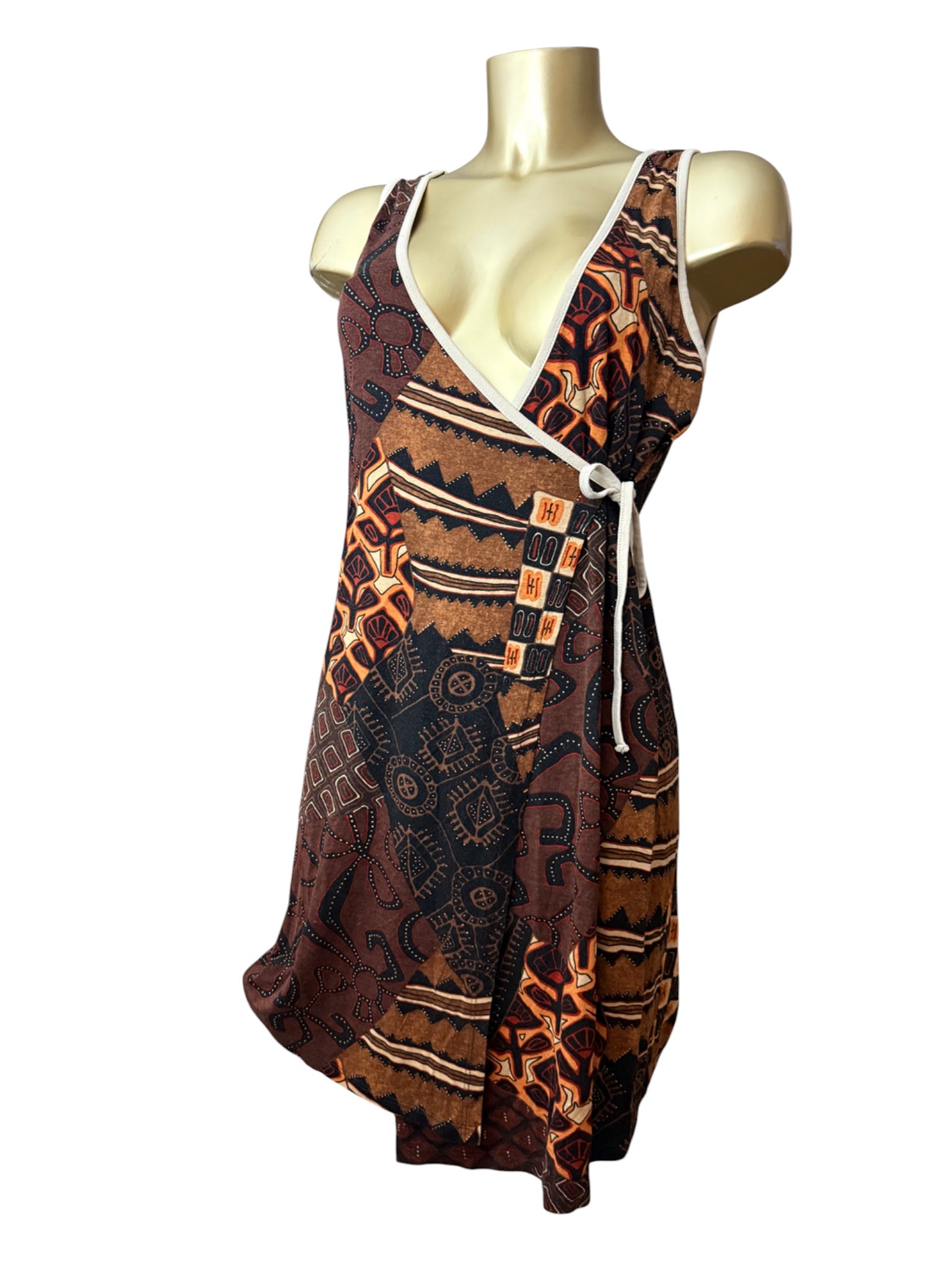 Brown graphic wrapped mini dress (M/L)