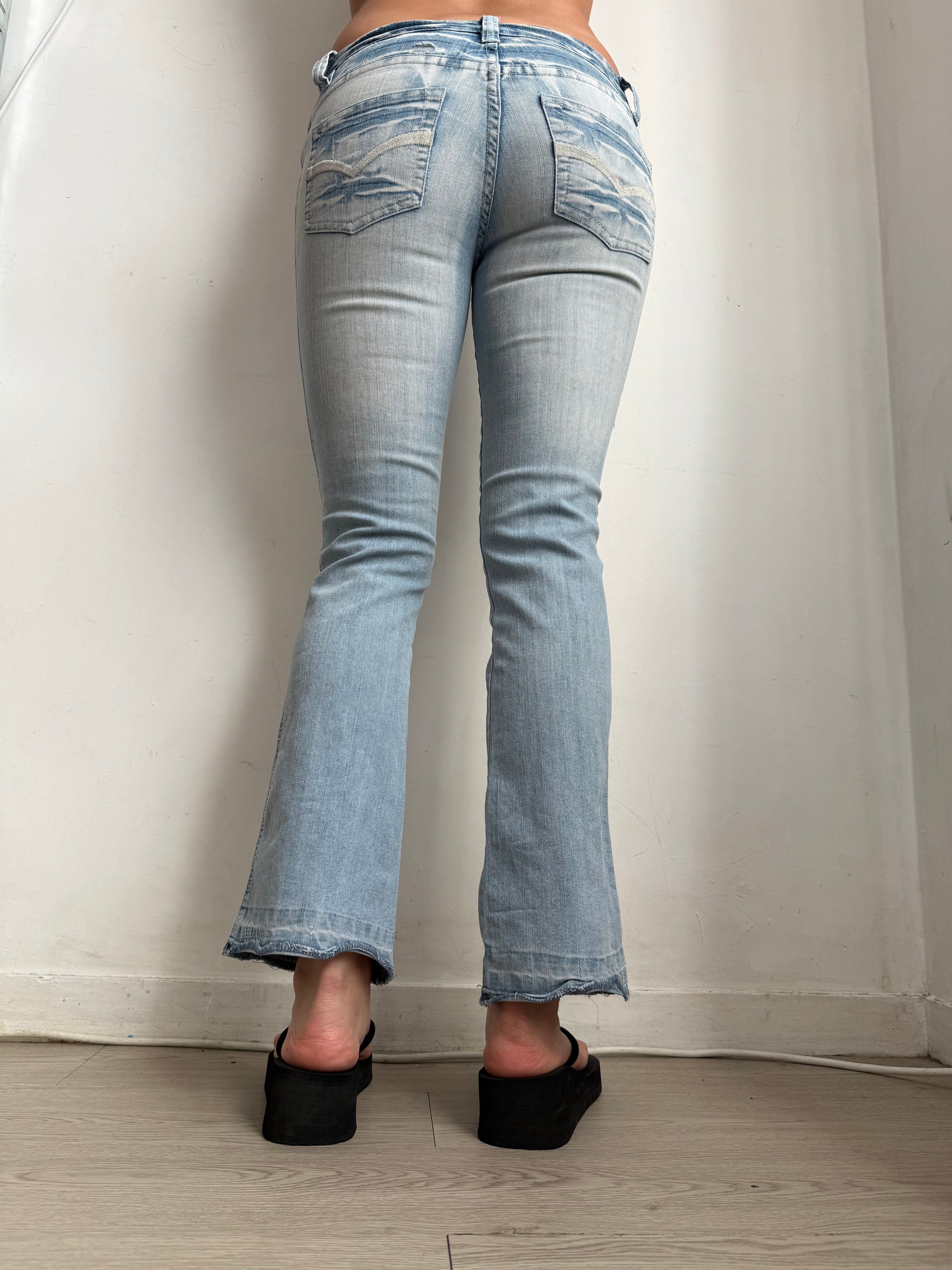 Blue denim low rise flare pants (XS)