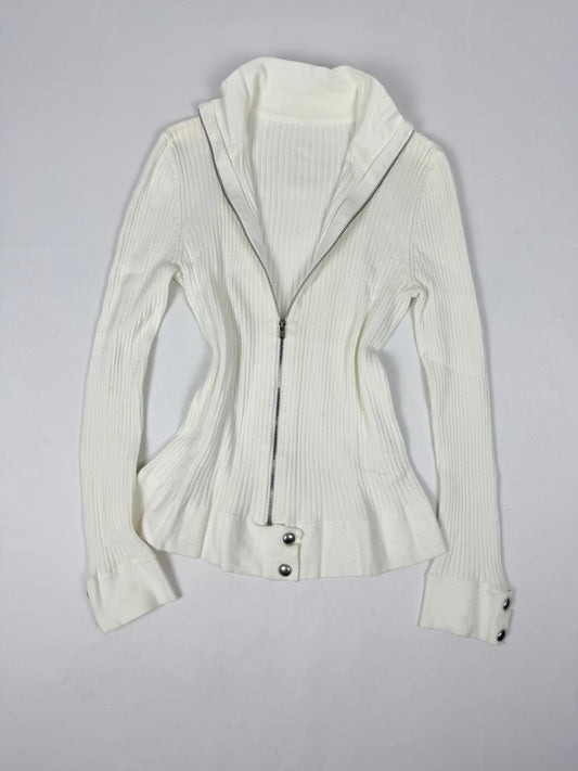 White ribbed zip up knitted jacket jumper (S/M)