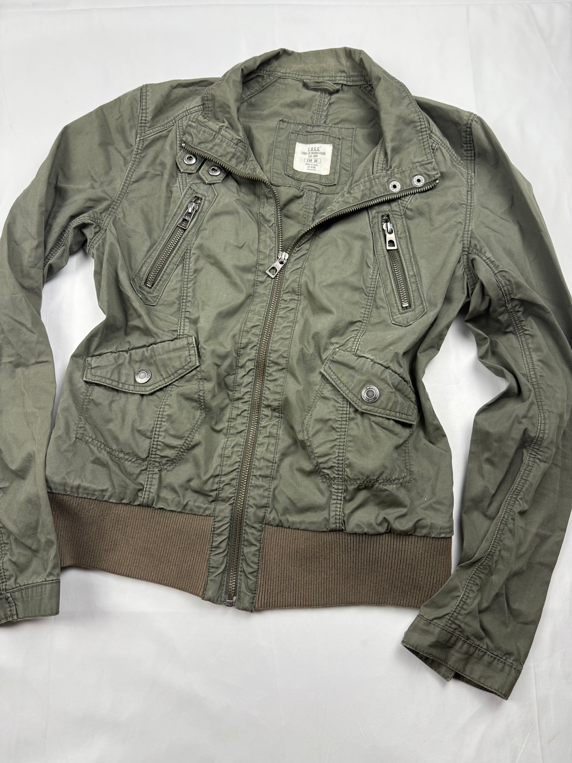 Khaki zip up tight fit cotton biker jacket (XS)
