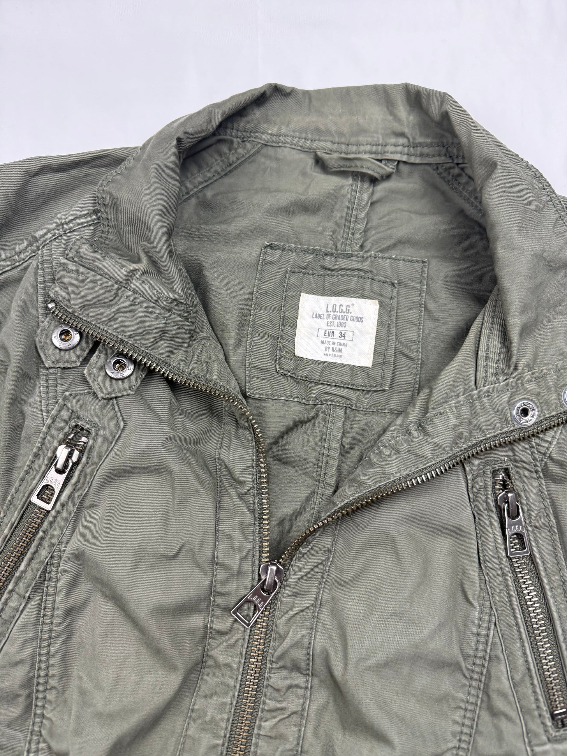 Khaki zip up tight fit cotton biker jacket (XS)