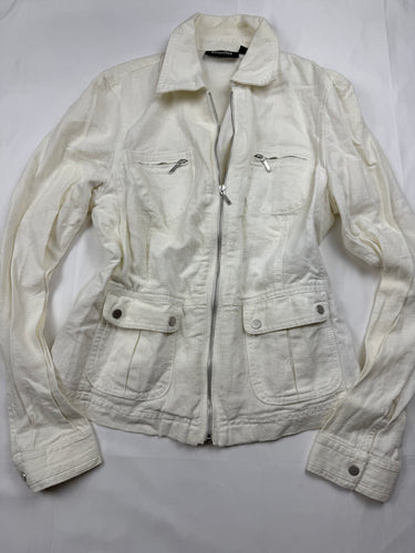 White zip up tight fit linen office jacket (S)